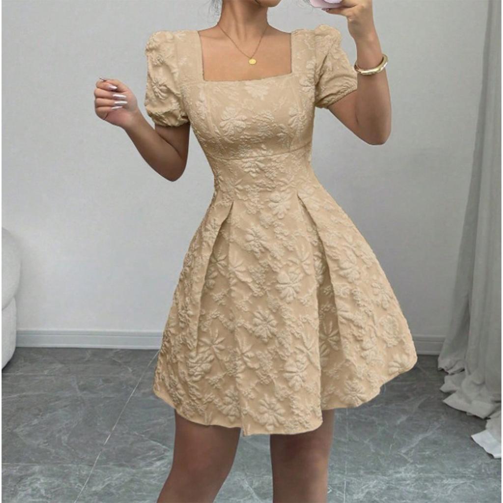 Women's Fashionable Color Square Neck Bubble Short Sleeved Dress With Temperament