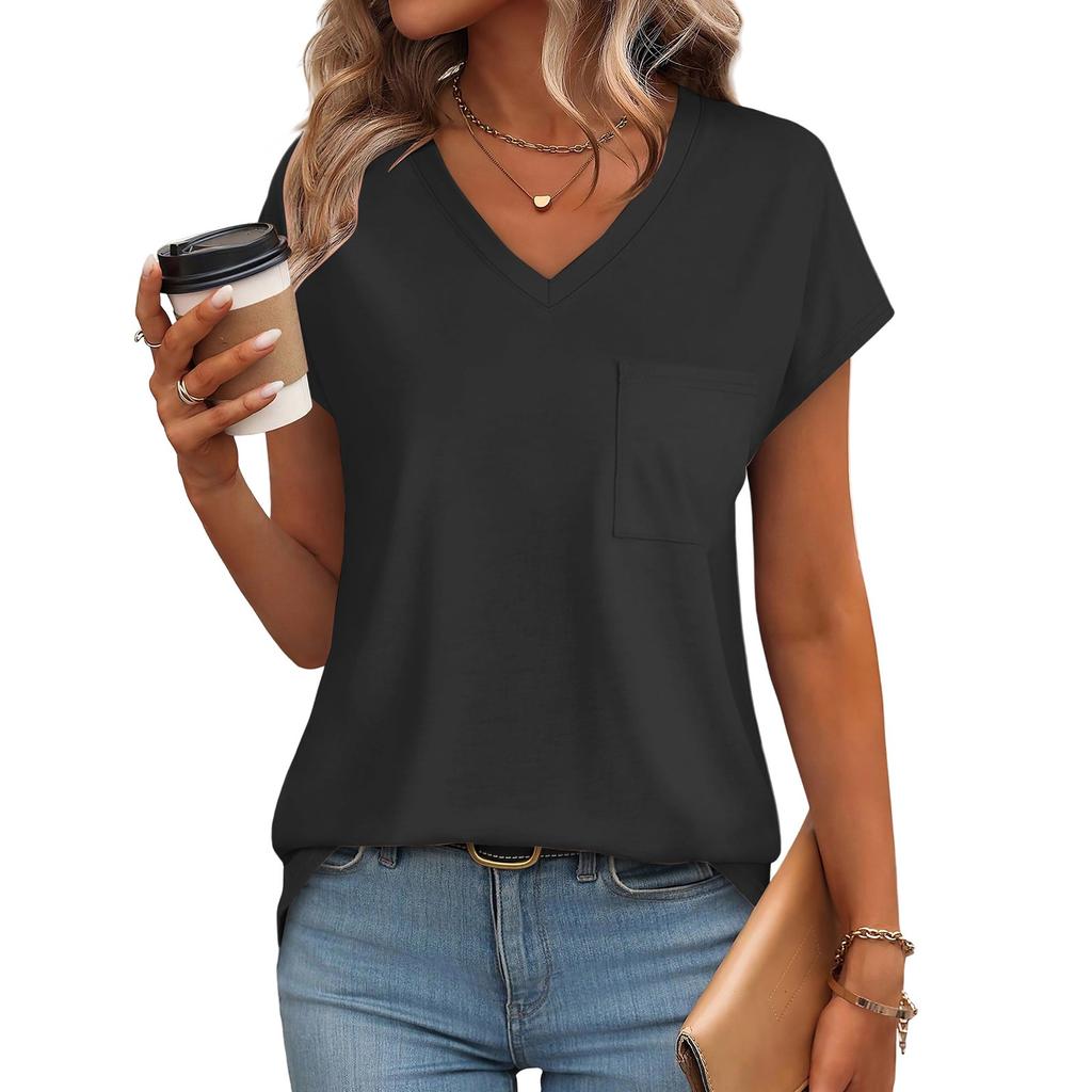 Women's Fashion Casual Slim Fit Waist Cap Sleeve V Neck T-Shirt Top