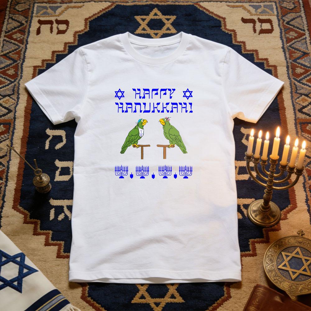 

Happy Hanukkah with Oscar and Hortence The Cartoon Parrots TShirt Women Unisex Cotton Graphic T Shirts Festival Shortsleev 4XL