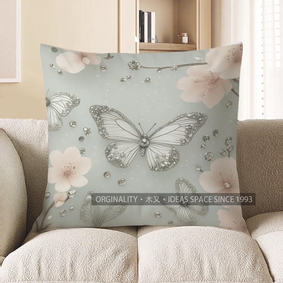 Home Decor Sparkling Butterfly &amp; Blossom Decorative Pillow Pattern Cushion Cover Suitable For Sofa Bedroom Car Pillow Cover