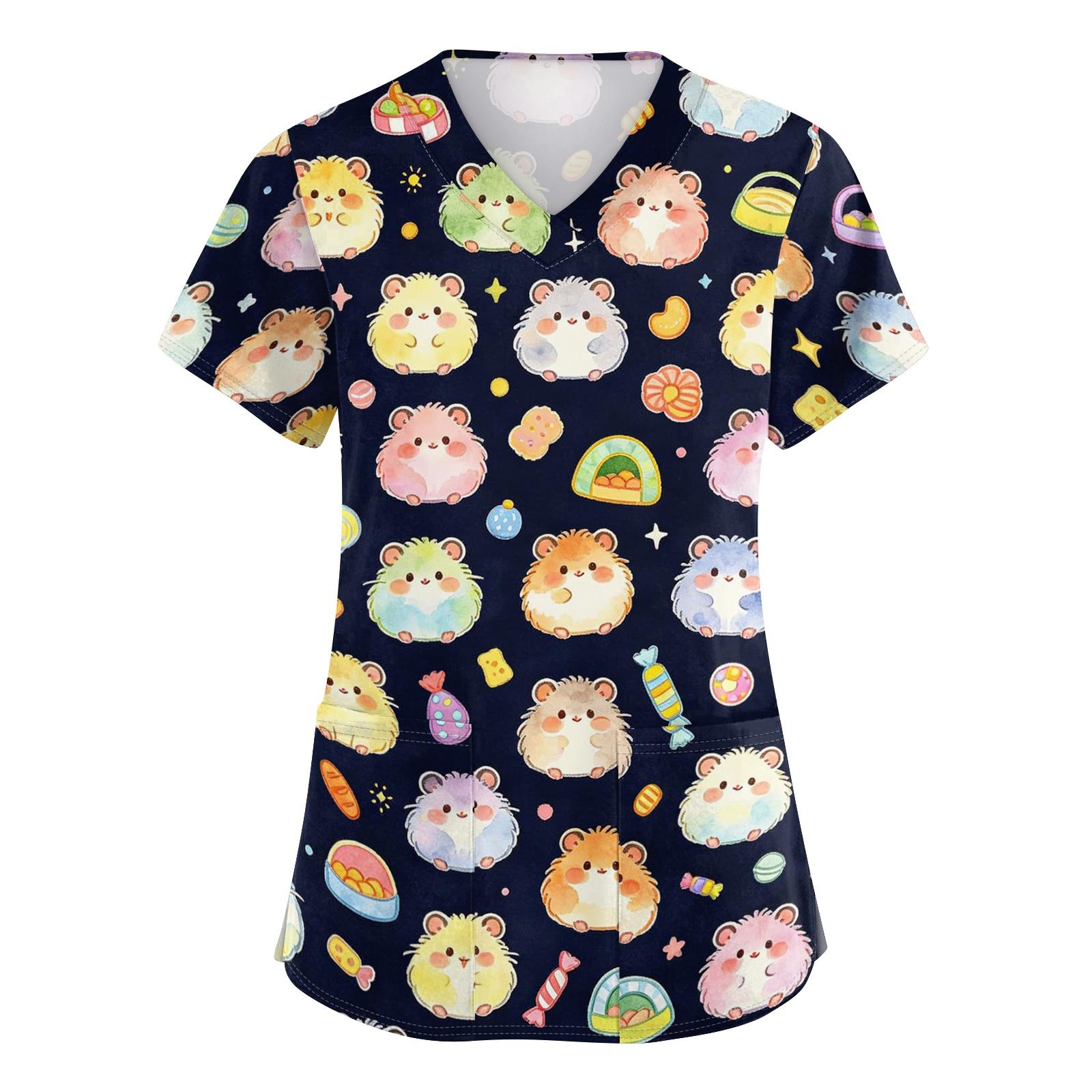 

Ladies V Neck Short Sleeve Work Top with Pockets Animal Print Professional Uniform Scrub Shirt for Healthcare and Caregiving Staff XXXXL чёрный