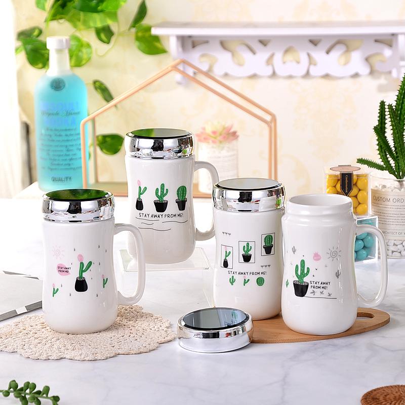 Cute Cartoon Ceramic Mirror Insulation Milk Water Cup Creative Coffee Couple Plus Formulation With Lid