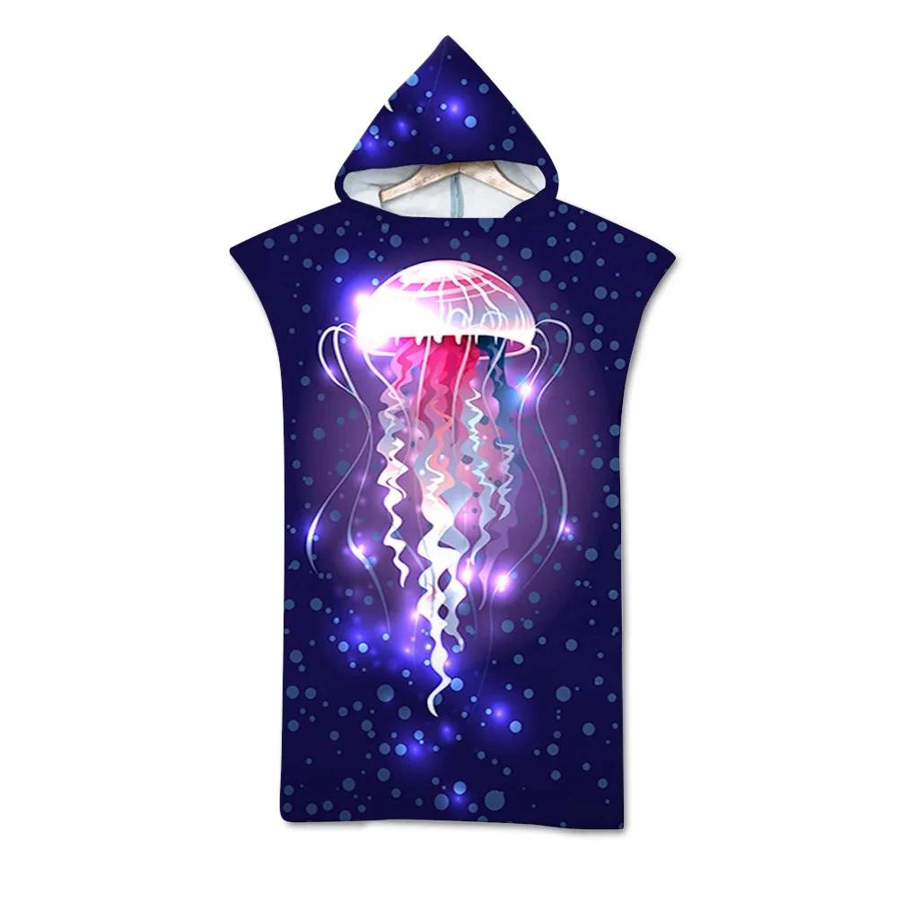 Jelly Fish Bath Beach Towel with Hood Microfiber Soft Hooded Robe Towel Poncho for Swimming Beach Surf Woman Bathrobe Beachwear