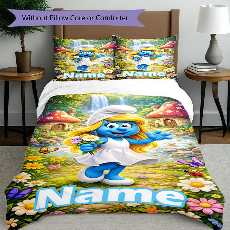 3pcs Duvet Cover Set (1*Duvet Cover + 2*Pillowcase, Without Core), Custom Name Blue Smurfs Pattern Bedding Set, Home Bedroom Decor Gift