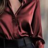 Women Shirt Lapel Long Sleeve Single Breasted Shirt Tops Smooth Fabric Satin Office Lady Shirt Versatile Autumn Wear
