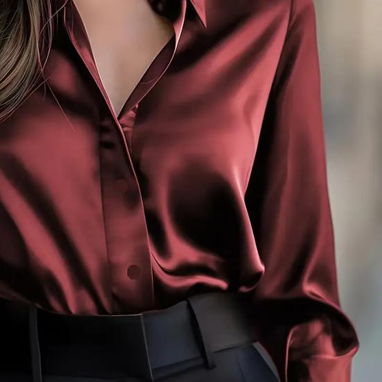 Women Shirt Lapel Long Sleeve Single Breasted Shirt Tops Smooth Fabric Satin Office Lady Shirt Versatile Autumn Wear
