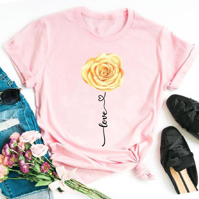 New Fashion Women Black T Shirt Friends Gift Flower Love Print Cute Tee Shirt Female Harajuku Tops Woman Short Sleeve T -Shirts