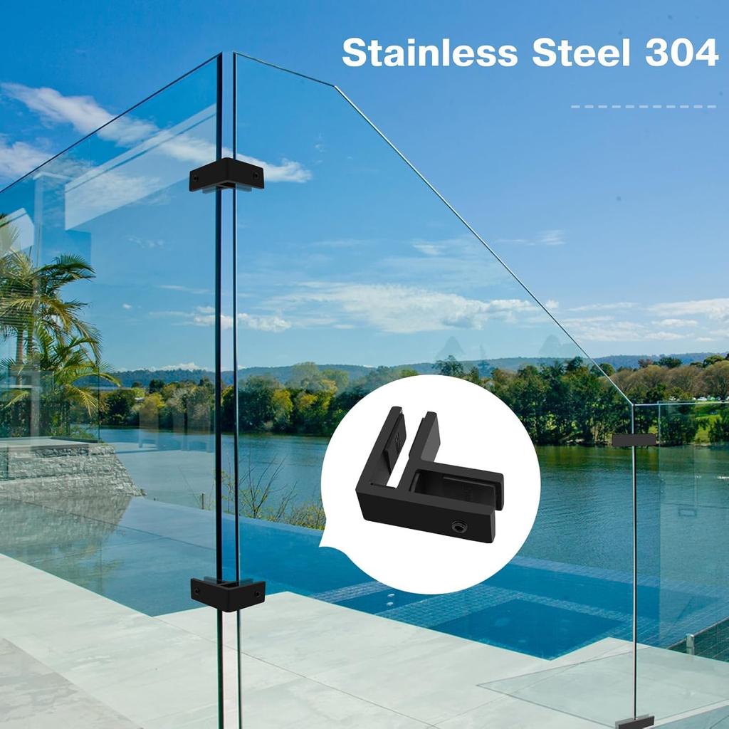 Railing Glass to Glass Clamp, 4 Pack Black Stainless Steel 304 Bracket for Glass, Double Sided Railing Glass Clip Holder with Rubber Gaskets for