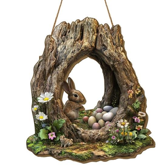 Easter Bunny Sign for Front Door Wooden Farmhouse Indoor Fireplace Window Hanging Wreaths Welcome Banner Decoration for Home Garden Fence