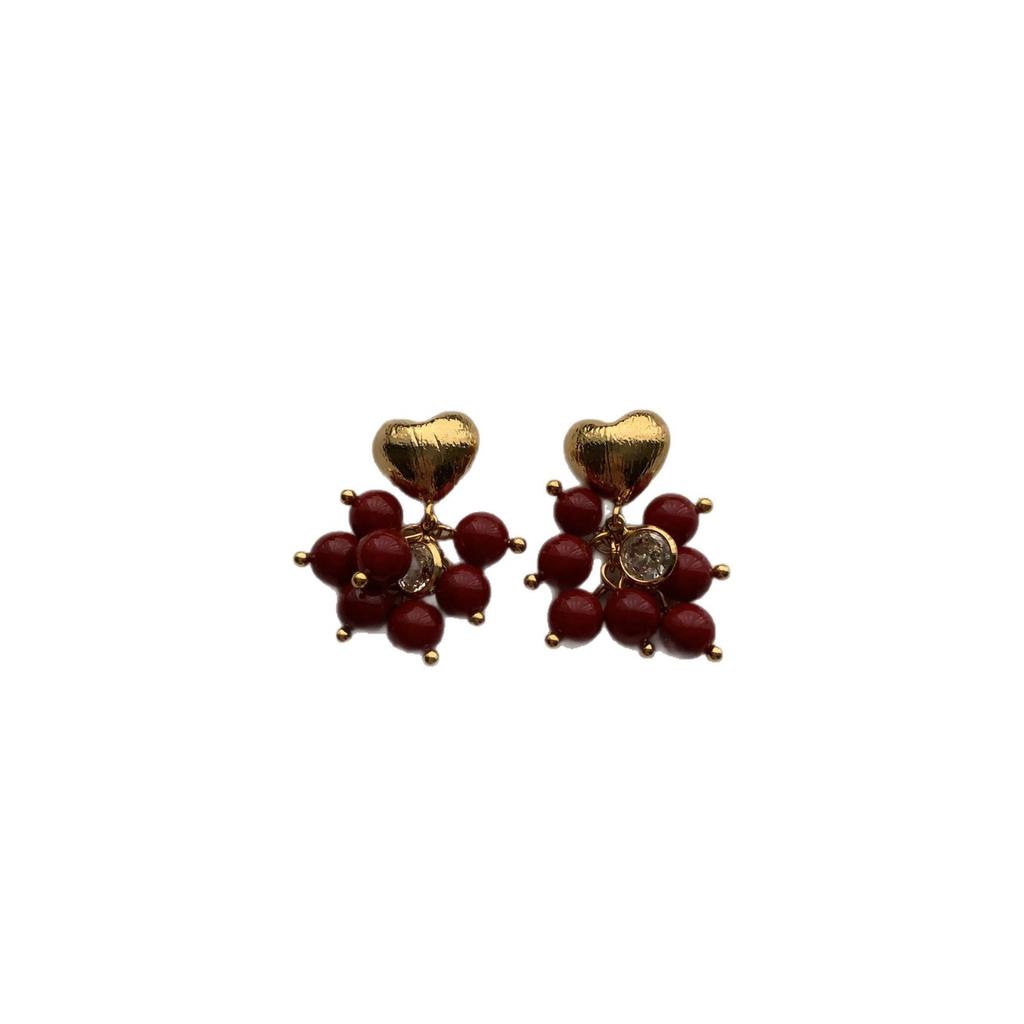 Classic Gold Heart-Shaped Handmade Bead String Earrings, Earrings, Retro Elegant Romantic Light Luxury Exquisite Niche Fashion Versatile
