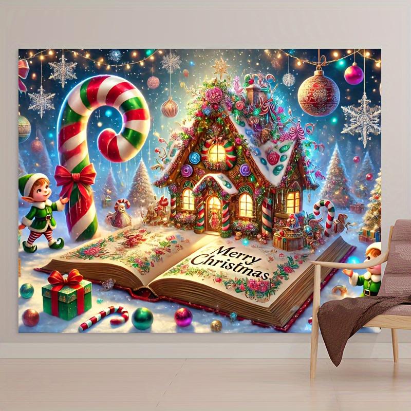 Charming gingerbread house Christmas background with candy canes and trees - polyester fiber photography background festive
