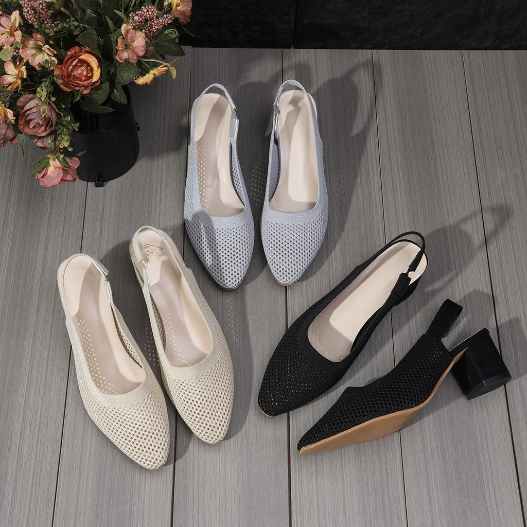 Classic Sandals Woman Slides Casual Hoof Mid Heels Shoes Women Solid Stretch Fabric Slip On Sandals Summer Pumps Plus Size