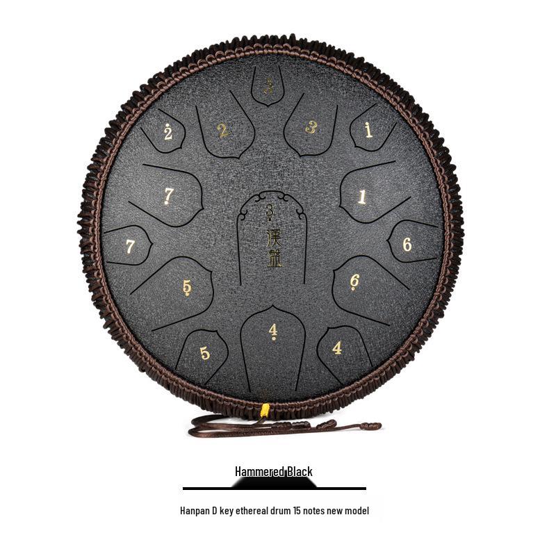 15-Note D Key Handpan Steel Tongue Drum, 14-inch, with Colorful Empty Sanskrit Design