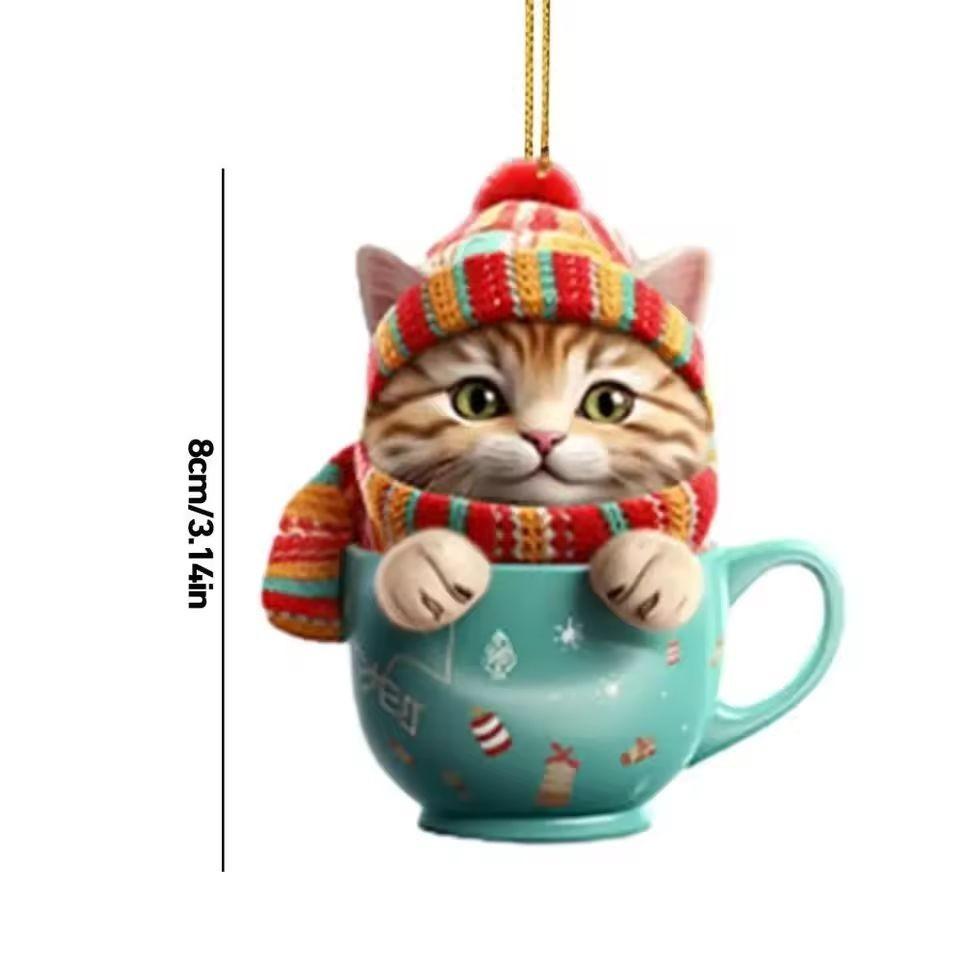 Tea Cute Cartoon Cup Cat Pattern Acrylic Pendant For Christmas Tree Decoration