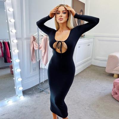 Rochie lungă pentru femei, cu decolteu în U, fără spate, cu șireturi, geantă cu mânecă lungă, elastică la șold, la tendință sexy