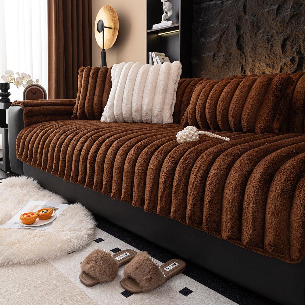 Stroking Cats Feel Camel Plush Sofa Cushion Winter Non-Slip Thickened Seat Cushion All-Inclusive Simple Modern Nordic Sofa Cover Cloth