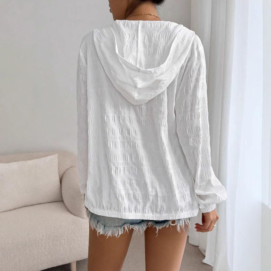 Summer Thin Long-sleeved Hooded Solid Color Coat, Autumn Hooded Shirt, Loose Top