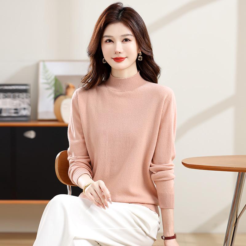 Women's Pure Wool Half-High Collar Sweater - Autumn/Winter Solid Color Loose Warm Pullover Base Layer