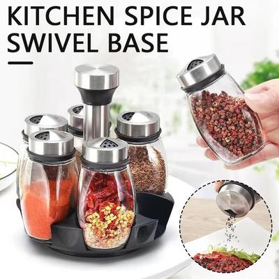 360° Rotatable Base 6pcs Pepper Shakers Flavor Container Seasoning Kitchen Salt Rack Bottle Holder Flavouring Tank Shelf