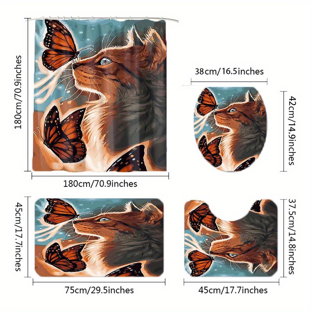 4Pcs Blue Tone Background Cat Butterfly Pattern Shower Curtain Set Bathroom Curtain, Bathroom Decor Shower Curtain, Floor Mat