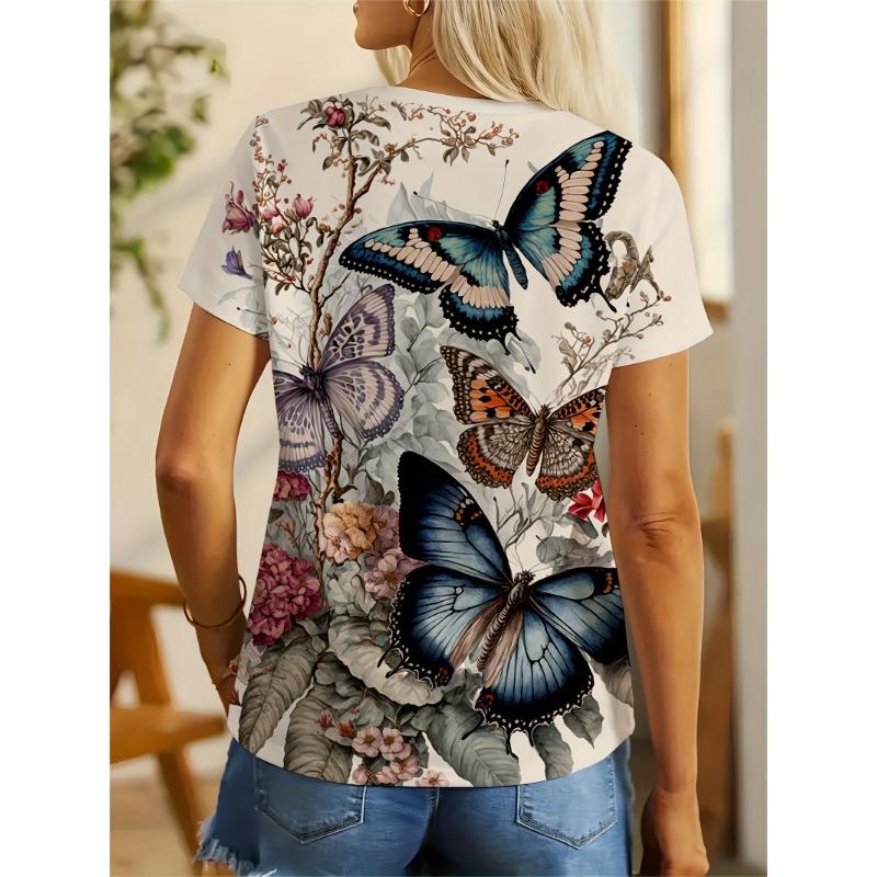Ladies' Casual Butterfly Print T-shirt 3D Printed Short Sleeved Top Fashionable Round Neck T-shirt