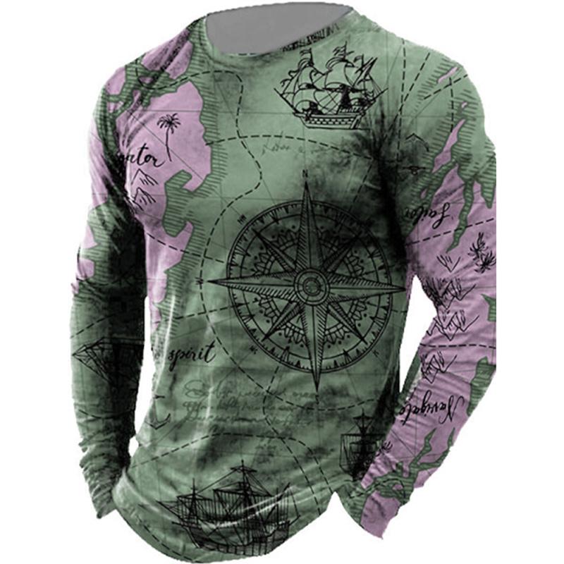 Fashion Nautical Map Pattern T-Shirt For Men Vintage 3D Printed T Shirts Autumn Casual Long Sleeves Loose O-Neck Tops Tees
