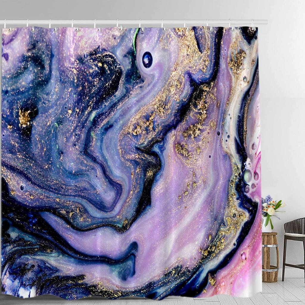 Marble Shower Curtain, Modern Abstract Bath Curtain for Bathroom Bathtub, Luxury Watercolor Marble Ink Shower Curtain with Hooks