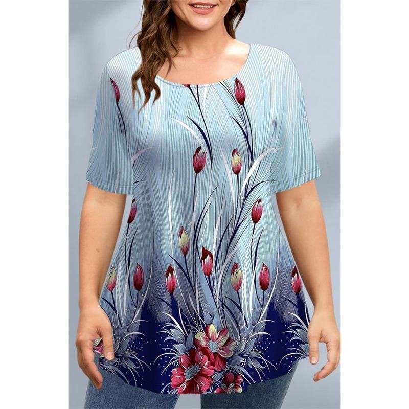 

Summer Round Neck 3D Floral Butterfly Printed Top Fashionable Casual Short Sleeved Women s Plus SizeT-shirts 7XL