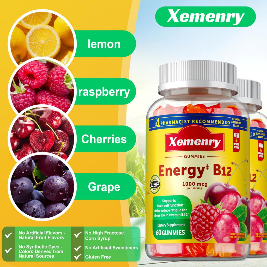 Vitamin B12 gummies, rich in vitamin B12 extract, each serving contains 1000 micrograms, suitable for adults.