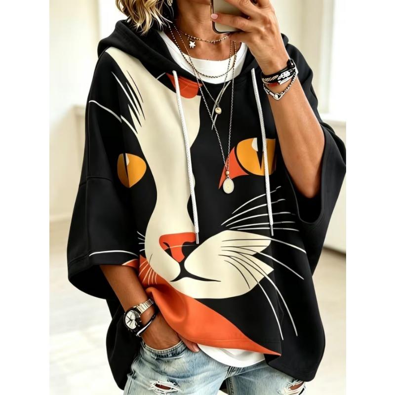 Kadın Plus-Size Kapüşonlu Sweatshirt, Zarif Rahat Sade Desen Baskılı, Modaya Uygun ve Çok Yönlü