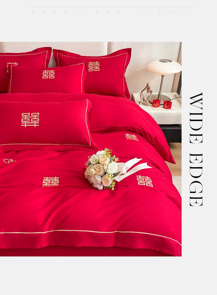 Clever Plan for Washing Cotton Wedding Four Piece Set, Red Embroidery Wedding Four Piece Set, Festive Wedding Four Piece Set