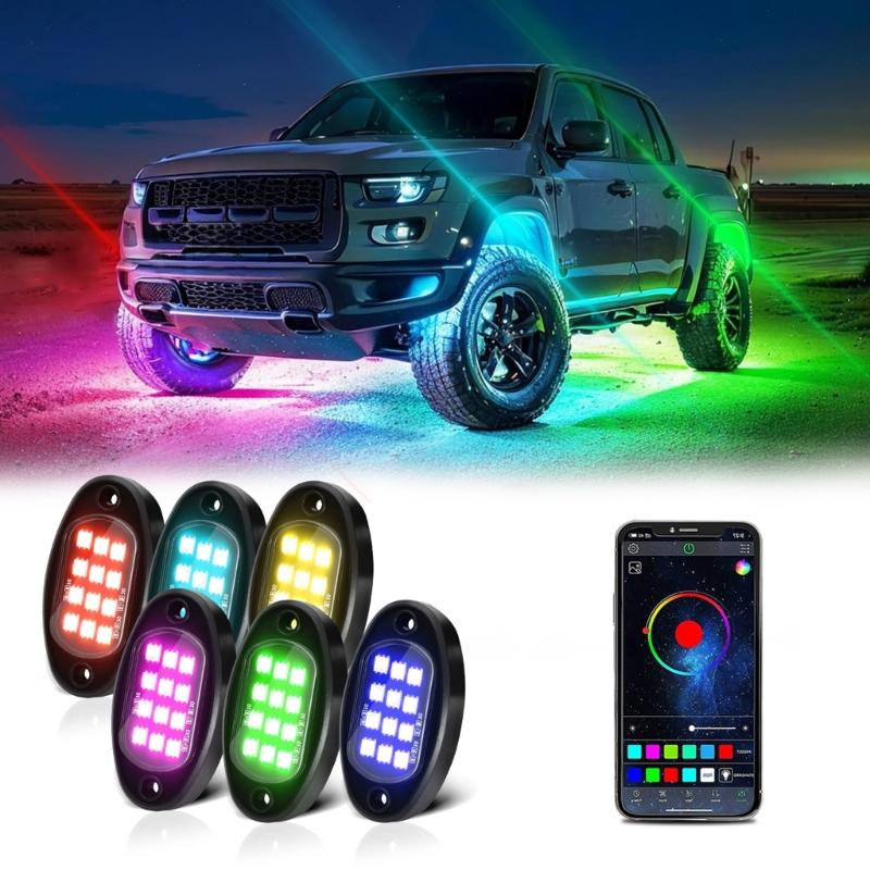 Auto Accessories LED Rock Lights 12 LEDs Underglow Lights Waterproof Trail Rig Lamp for Truck Pickups