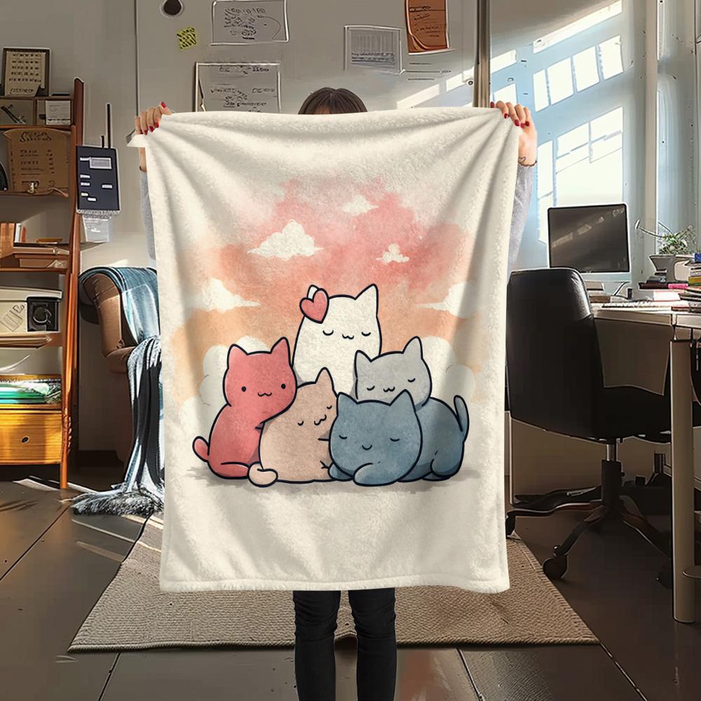 Stacked Cats Print Flannel Blanket, High quality Comfortable for All Seasons, Home Decor, Warmth and Comfort