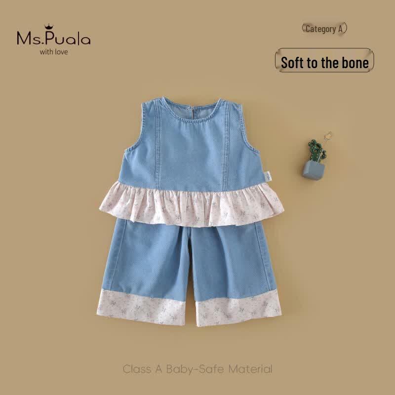 

MS.PUALA Baby Girl Summer Denim Patchwork Two-Piece Set 100cm