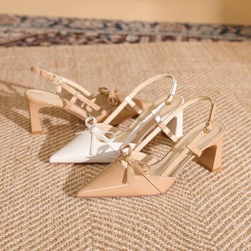 Pointed Toe Shallow Women Sandals Bow Mid Heels Shoes Fad Slingback Pumps 2025 Trend Summer Designer Party Sandalias De Mujer