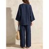 Women Linen‑Look 2‑Piece Outfit V‑Neck 3/4 Sleeve Loose Blouse Drawstring Waist Wide‑Leg Long Pants Casual Set 
