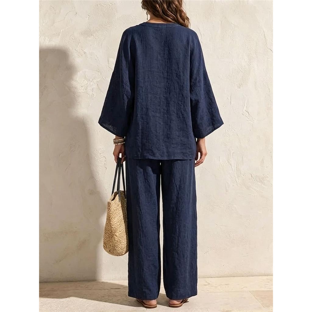 Women Linen‑Look 2‑Piece Outfit V‑Neck 3/4 Sleeve Loose Blouse Drawstring Waist Wide‑Leg Long Pants Casual Set 