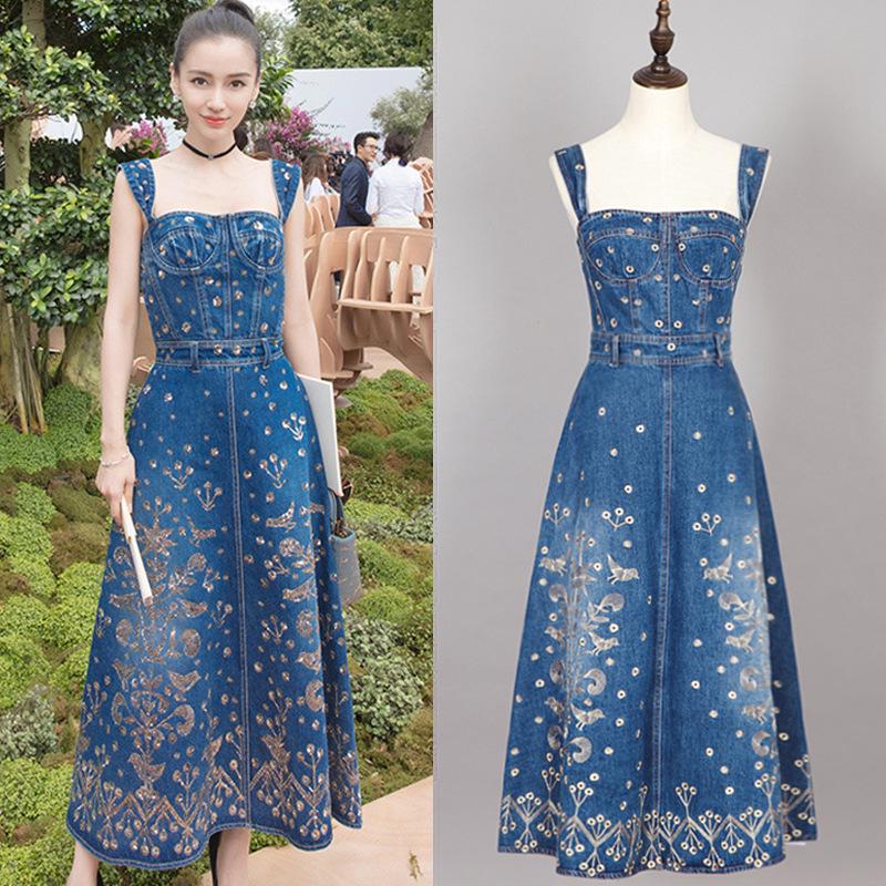 Buy Paris Fashion Week Angelababy Yangying Same Strap Summer Dress  Embroidery Dress Denim Skirt at affordable prices  free shipping, real  reviews with photos  Joom