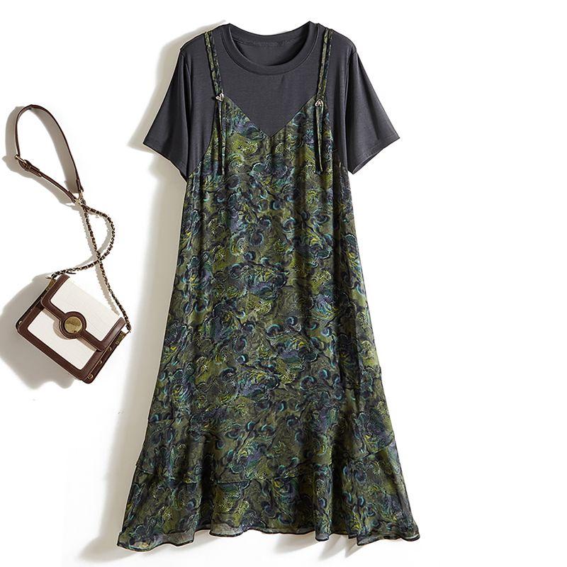 

Roman Holiday Style Women Fake Two Pieces Irregular Poplin Yarn round Neck Leisure Travel Dress Summer Air Cotton Stitching Flower color 3XL