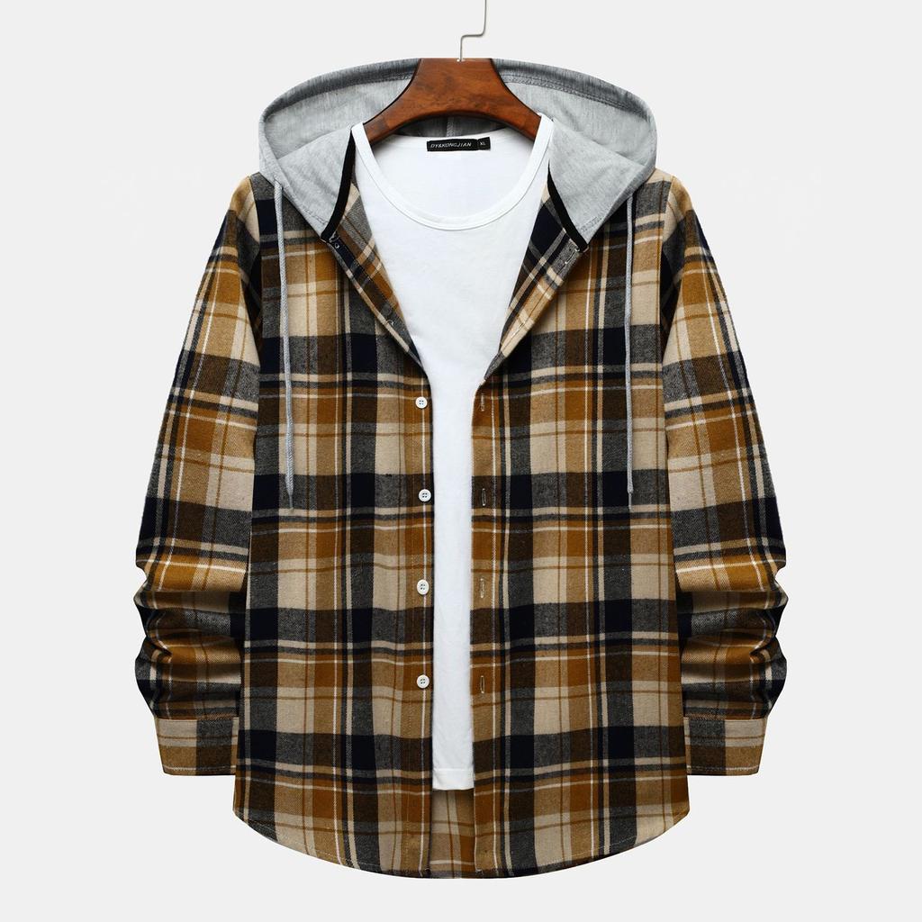 Autumn New Men's Casual Fashion Couple Hooded Plaid Long Sleeve Shirt Trend
