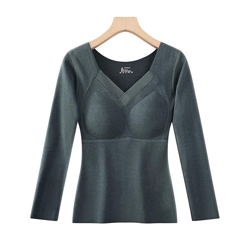 Women's Double-Sided Velvet Self-Heating Top with Fixed Cups, Thickened Waist, Long Sleeves - Warm Autumn Shirt.