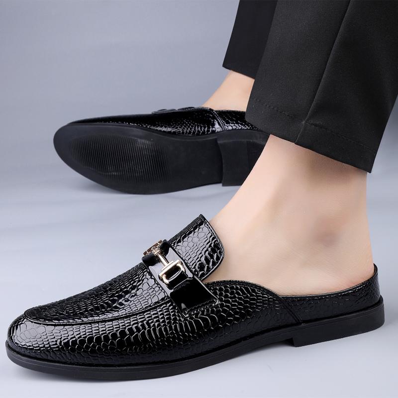 Fashion Men Luxury Designer patent Leather Mules Male Summer Fashion Casual Breathable Comfy Sandals Open Back Low-heel Slippers