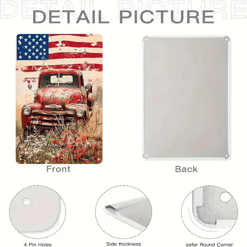1 piece: Vintage American red truck tinplate painting with American flag background, nostalgic car decorative painting, living r
