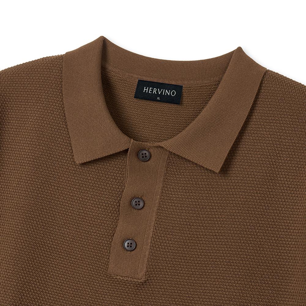 HERVINO Comfort Button Muscle Fit Collared Short Sleeve Knit [Brown]