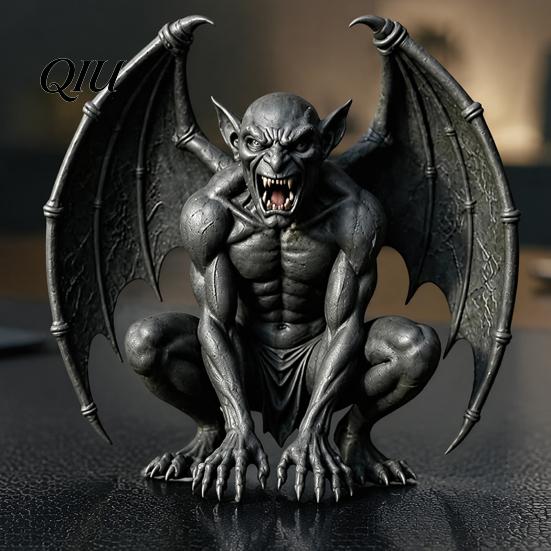 Dark Fantasy Home Decor Gargoyle Figurine, Medieval Winged Statue, Resin Gothic Office Ornament Horn Demon for Bookshelf Desk Architectural Figure
