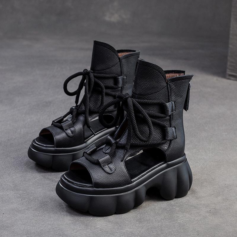 GKTINOO 2025 Spring/Summer New Genuine Leather Thick Soled Peep Toe Roman Sandals Retro Versatile Handmade Women's Shoes