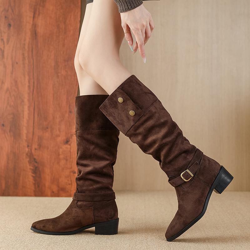6056-3 suede French boots but knee boots 2025 autumn and winter new retro women's boots pleated boots