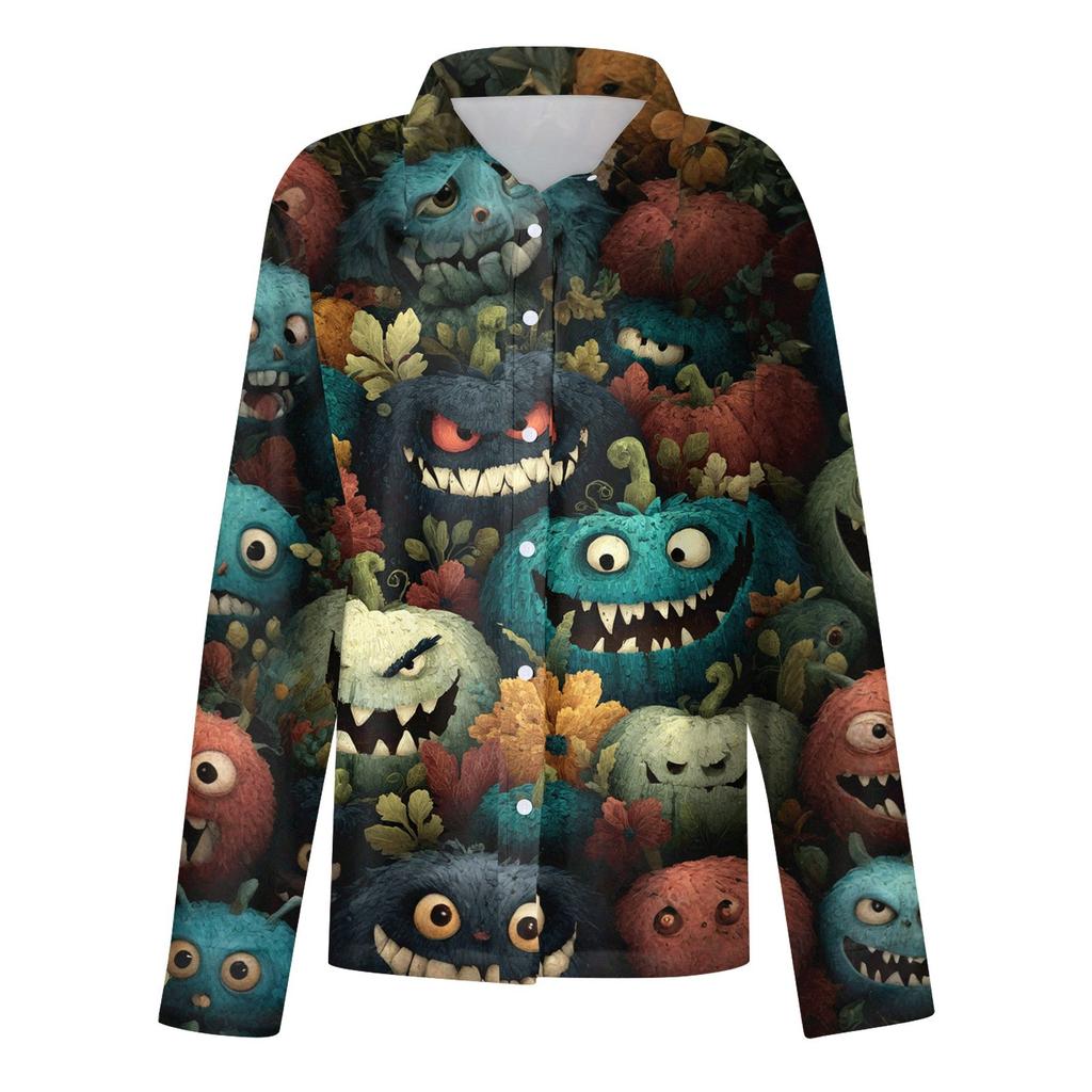 Damen Hemd Bluse Halloween Print Knopf Langarm Lässig Basic Hemdkragen Regulär Top