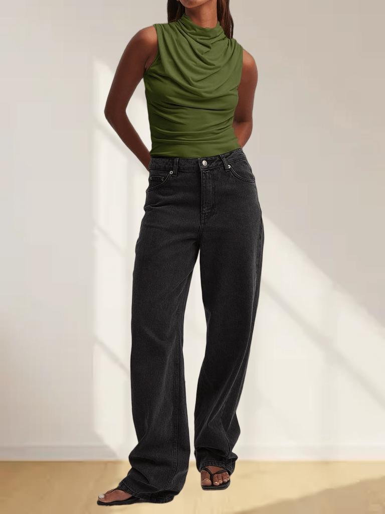 Women's Mock Neck Sleeveless Tank Top Slim Fitted Ruched Draped Top