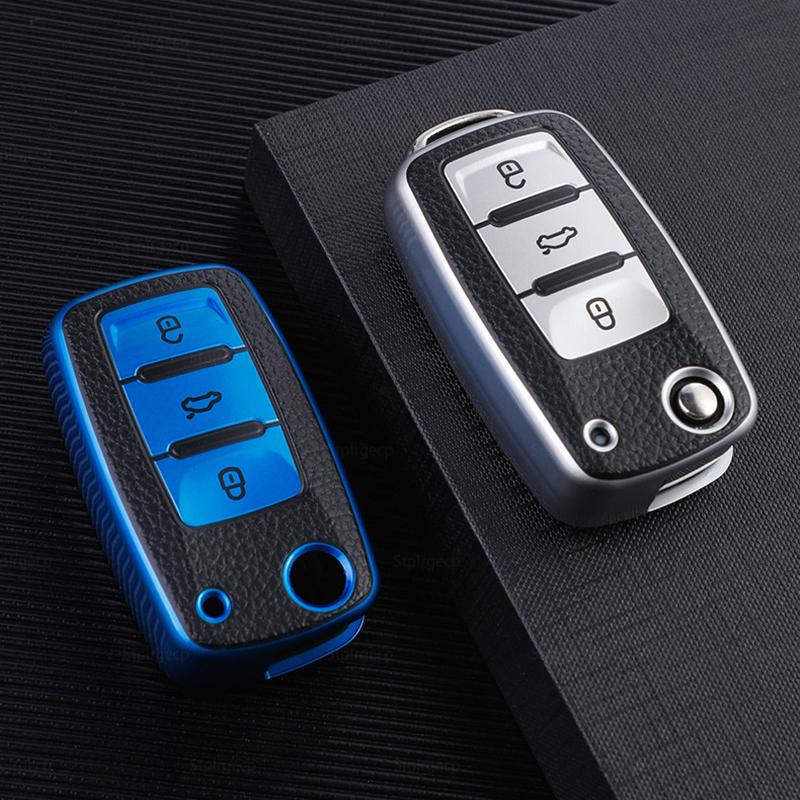 Leather+TPU Car Remote Key Cover Case Fob For Volkswagen VW Bora Polo Tiguan Jetta Passat B5 B6 B7 Golf Beetle For Skoda Octavia